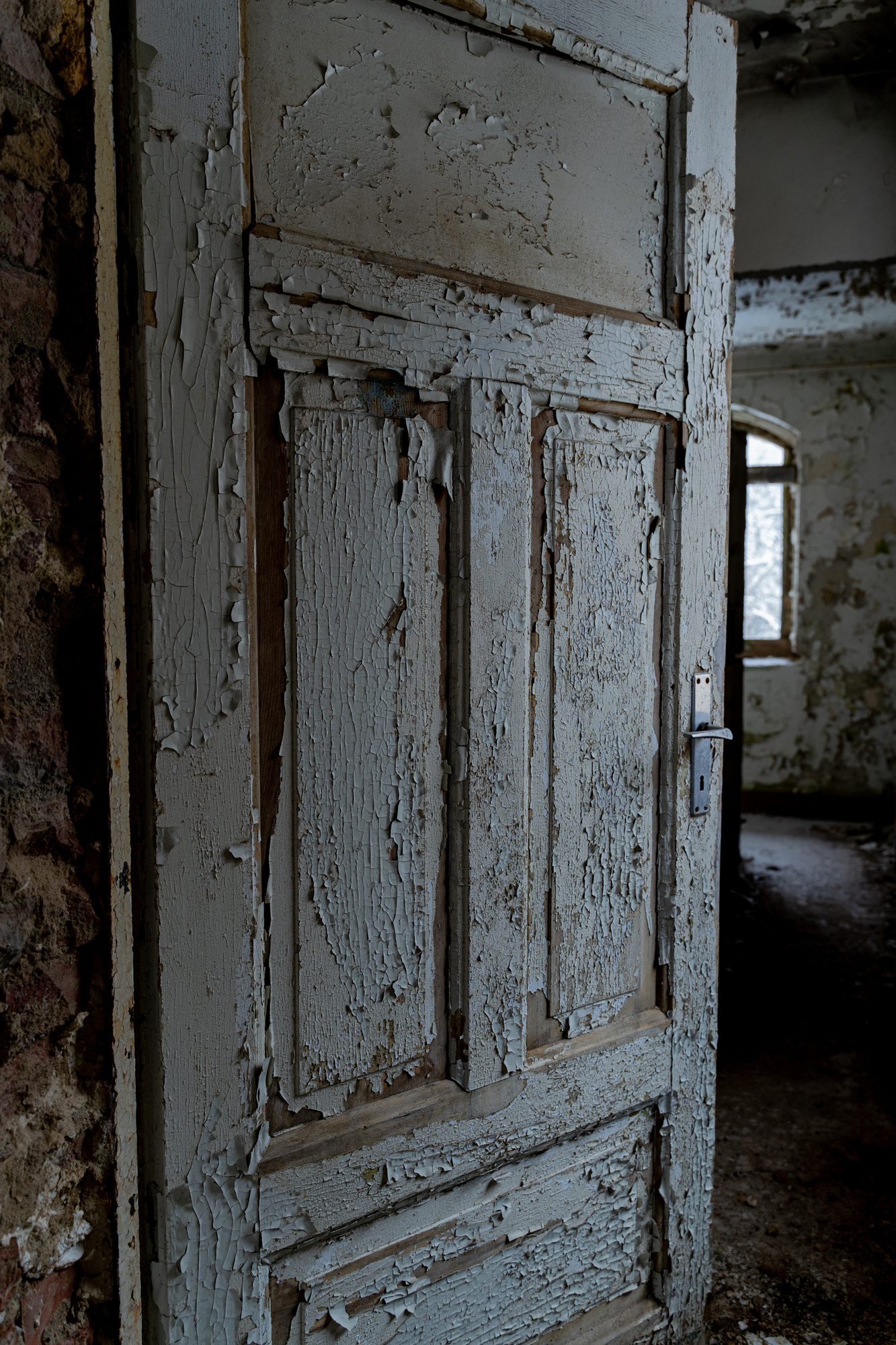 Johanniter Heilstätte Sorge – Detail einer Tür, Farbe blättert stark ab