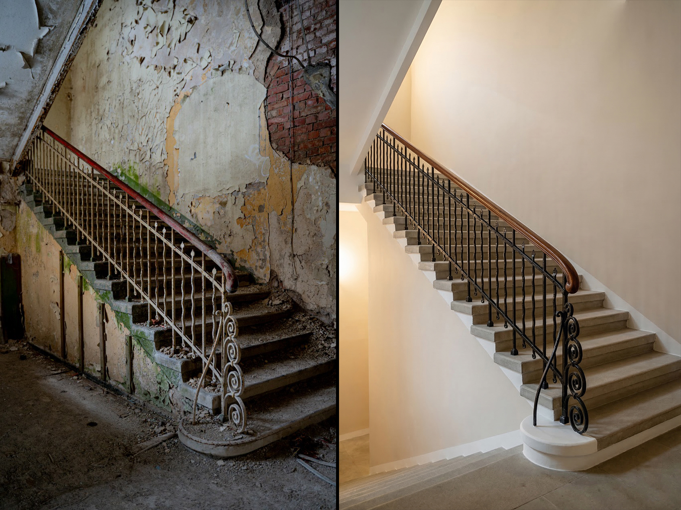 KI-Visualisierung eines renovierten Treppenhauses.