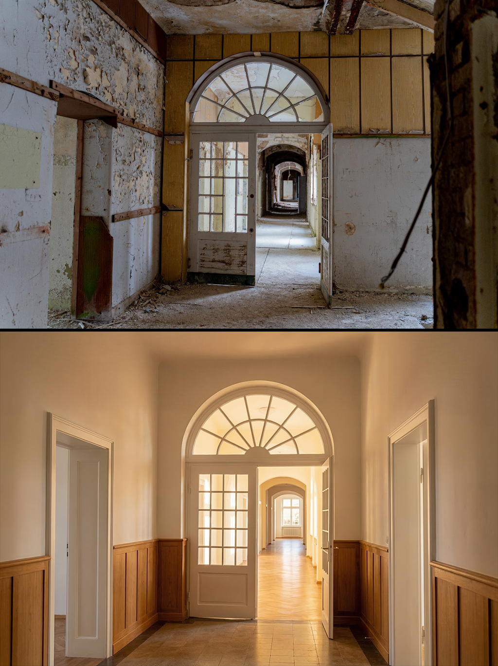 KI-Visualisierung eines renovierten Flurs mit Türen als digitale Architektur-Idee